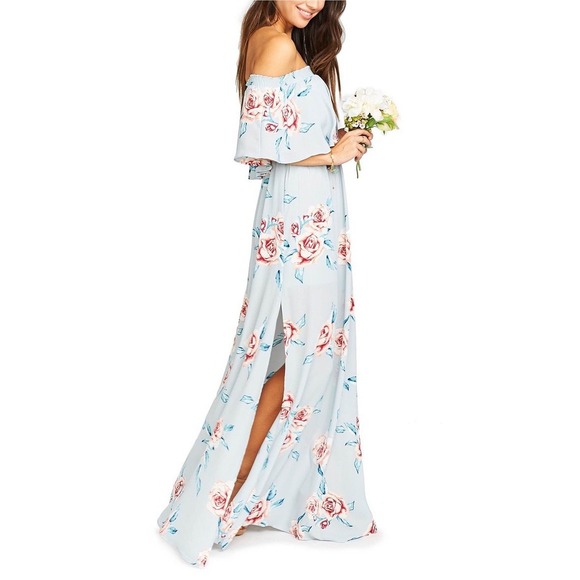 Chiffon Maxi Floral Dress Show me your MuMu Off Shoulder Feminine Boho Pink Blue - Picture 1 of 11